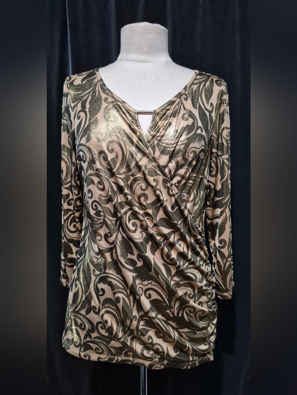 INC International Concepts Metallic Gold and Black Draped Surplice Top